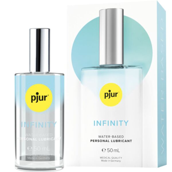 Glass bottle of pjur Infinity Water-Based lubricant, 50 ml, with its box