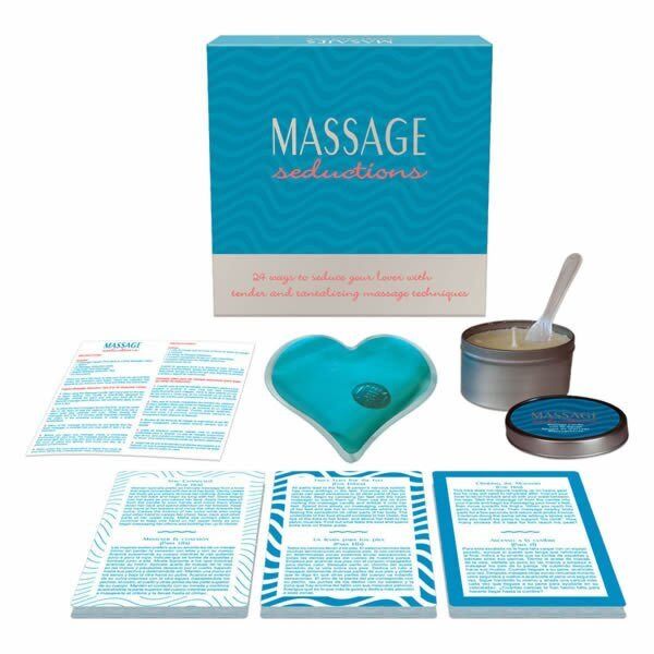 Kheper Games Massage Seductions massage kit with its cards, candle, spoon and gel heart