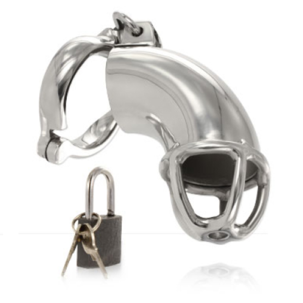 Metal Hard Lancelot chastity cage with its ring, locking pin and padlock