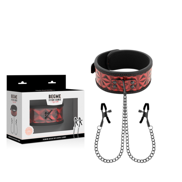 Begme Red Edition collar with chain and nipple clamps