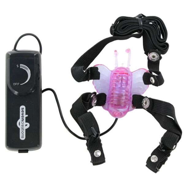 Seven Creations Butterfly clitoral stimulator, shaped like a butterfly, with straps and a wired controller