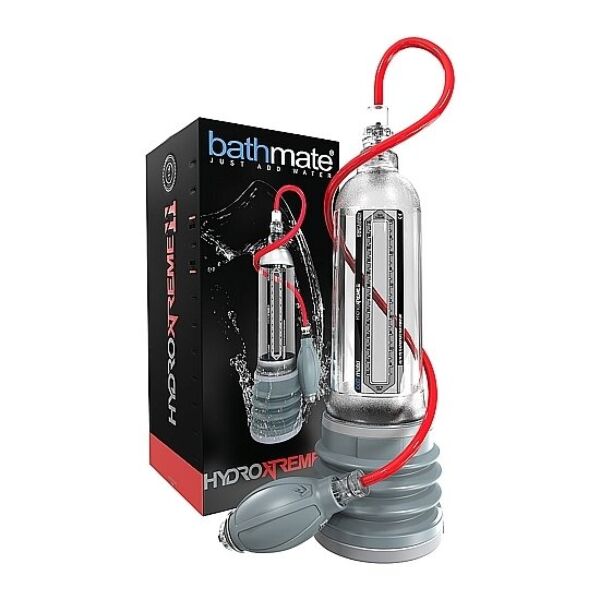 Bathmate Hydroxtreme 11 water penis pump, clear with grey and red details, with its hand bulb