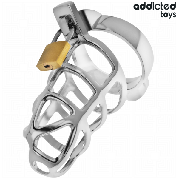 Addicted Toys Silver Lock chastity cage with its base ring, padlock and keys