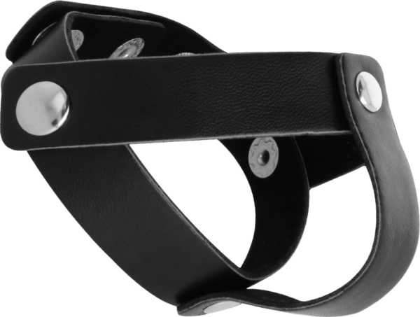 Darkness adjustable cock ring for penis and testicles, with silver-coloured metal details and chrome rivets