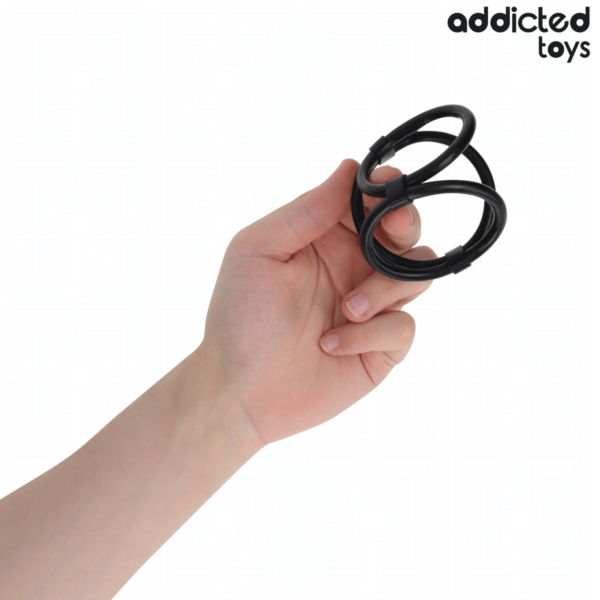 Addicted Toys triple cock ring, showing its three rings of different sizes