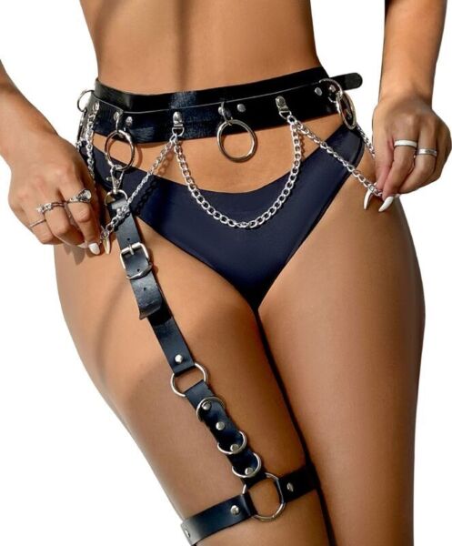 Subblime garter body harness in black leather with chain and ring details