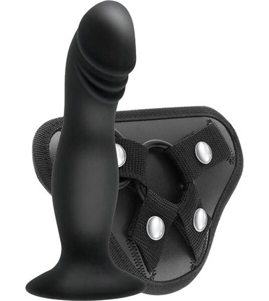 S Pleasures Strappy Harness Set strap-on harness with dildo, showing the straps and the dildo with suction cup