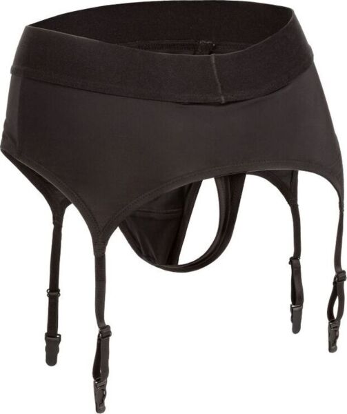 CalExotics Boundless Thong with Garter strap-on harness with garter straps and a front ring