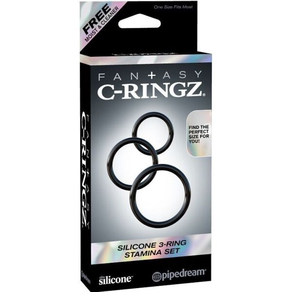 Three black Pipedream Fantasy C-Ringz Stamina cock rings for the penis and testicles