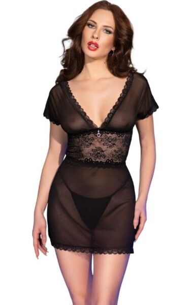 Black Chilirose CR 4830 babydoll in sheer tulle with lace and a matching thong