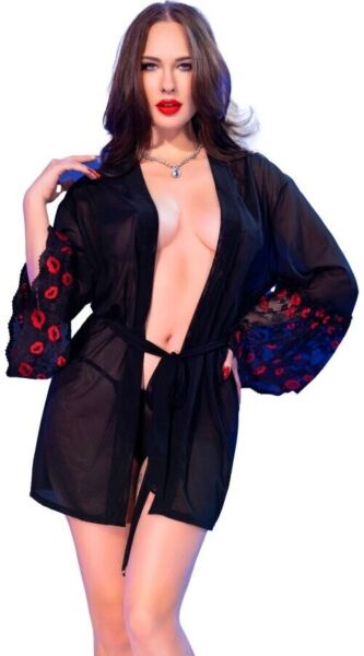 Chilirose CR 4882 sheer robe in black, with lace sleeves with red kisses and a matching thong