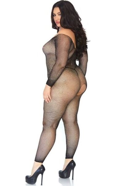 Black Leg Avenue Plus Seamless Fishnet bodystocking with long sleeves and rhinestones