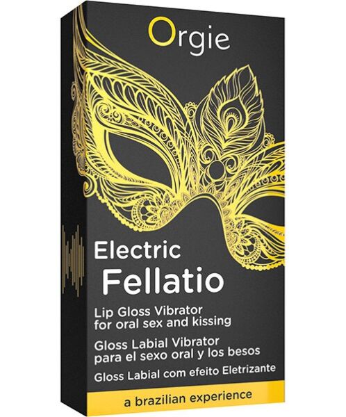 Orgie Sexy Vibe Electric Fellatio lip gloss in its 10 ml glass roll-on bottle