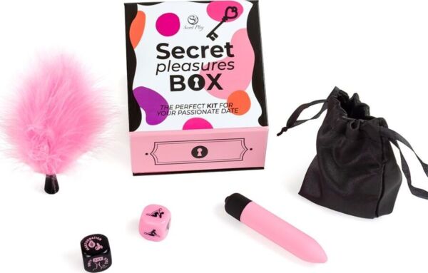 Secret Play Secret Pleasures Box sex dice game with its two dice, pink bullet vibrator, pink feather tickler and black satin bag