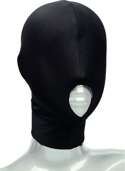 Black CalExotics Boundless Hood BDSM hood with an open mouth