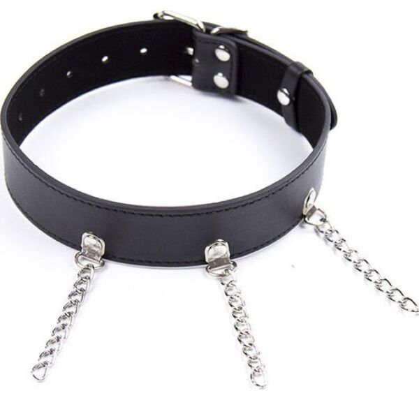 Ohmama Fetish collar with rings, shown with its chain