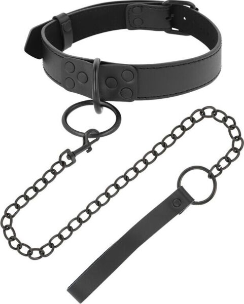 Darkness collar with chain, black, with the chain clipped to the ring on the collar