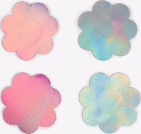 Secret Play WOW BOOBS! Flower nipple covers with a holographic finish in silver and pink