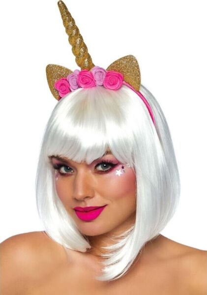 Leg Avenue Golden Unicorn Flower unicorn headband with a gold spiral horn, sparkly ears and pink roses