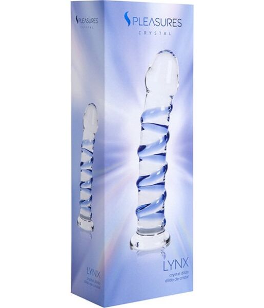 S Pleasures Crystal Lynx dildo, clear with blue details and spiral ridges
