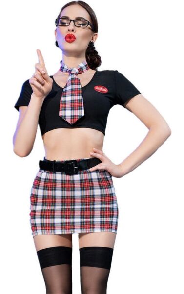 Chilirose CR 4425 schoolgirl costume with black top, check mini skirt, tie, glasses and stockings