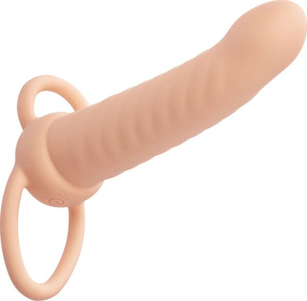 CalExotics Performance Maxx Ribbed Dual Penetrator in ivory, with its scrotum ring