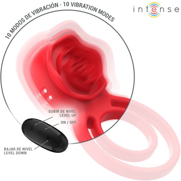 Intense Gail clitoral vibrator shaped like a red rose, with its remote control