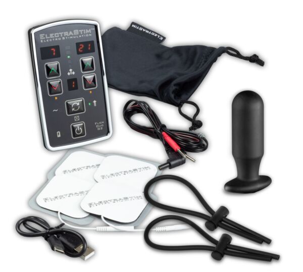 ElectraStim Flick Duo EM80-M kit with the stimulator, the Silicone Noir Aura electrode, the ElectraLoops rings and the adhesive electrodes