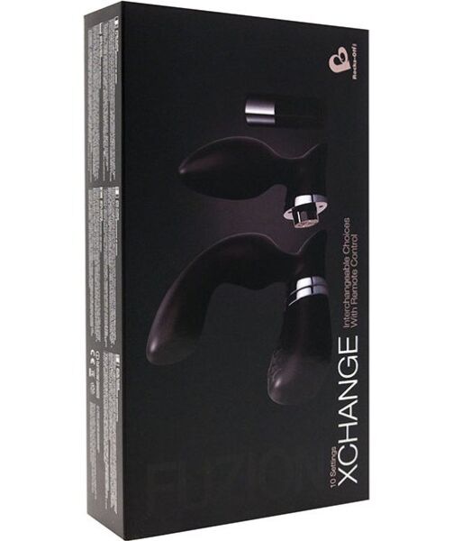 Rocks Off Fuzion Xchange massager in black, with its remote