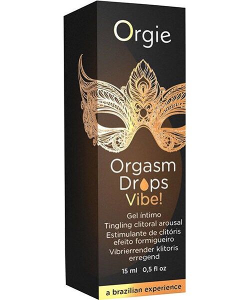 15 ml glass dropper bottle of Orgie Orgasm Drops Vibe clitoral stimulating gel