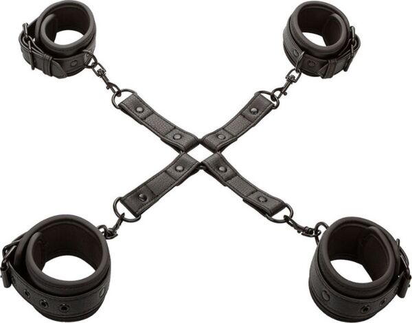 CalExotics Nocturnal Collection hog tie restraint set, with four black cuffs and a central connector