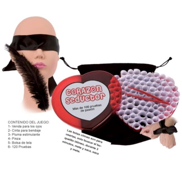 Diablo Picante Corazón Seductor adult game with its heart-shaped case and accessories