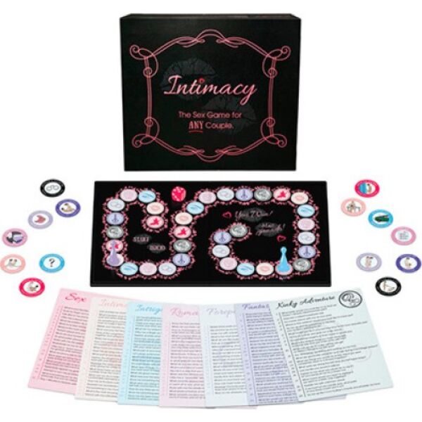 Kheper Games Intimacy board game with its board, die, counters and reward coins