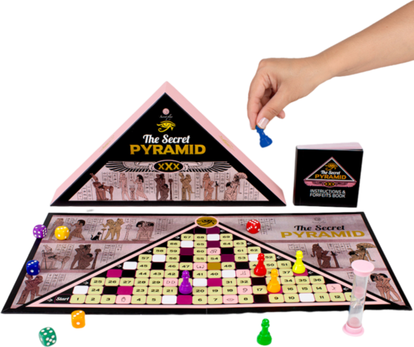 Erotic board game Secret Play The Secret Pyramid, with board, pawns, dice and hourglass