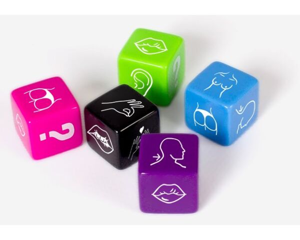 Secret Play Party Play sex dice game, with its black die and four coloured dice