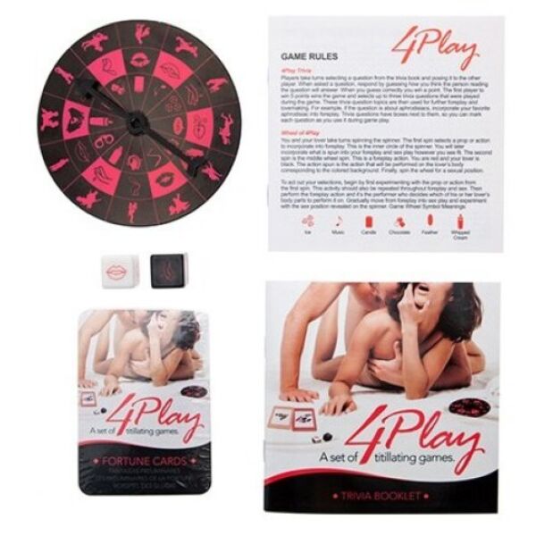 Kheper Games 4Play sex game set, with its box, cards, dice and spinner