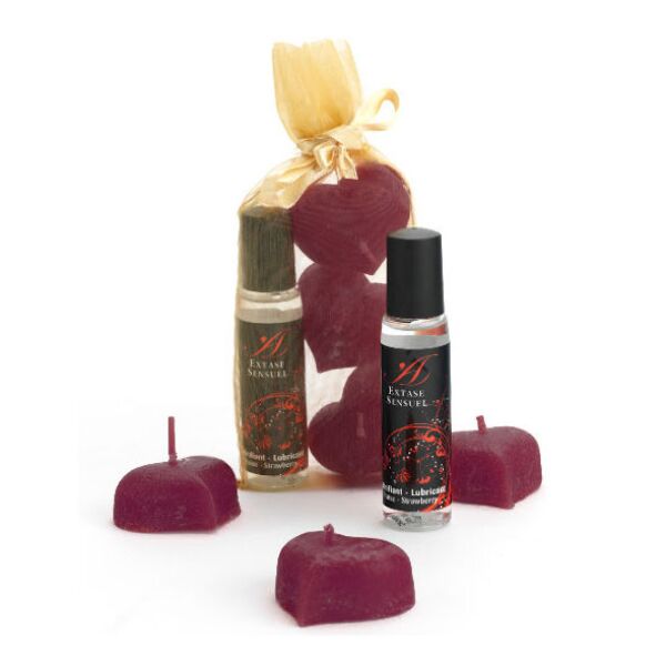 Extase Sensuel Silk Nights couples kit with its petal-shaped candles and the bottle of strawberry lubricating gel