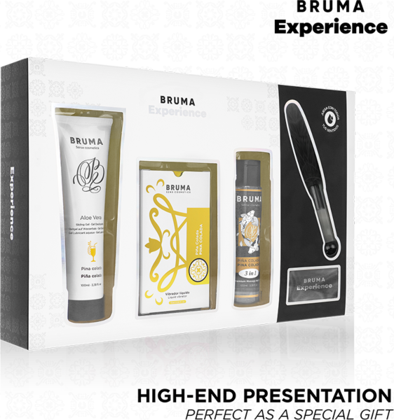 Bruma Xperience Sweet Temptation sex kit with liquid vibrator, lubricant, oil, feather and blindfold