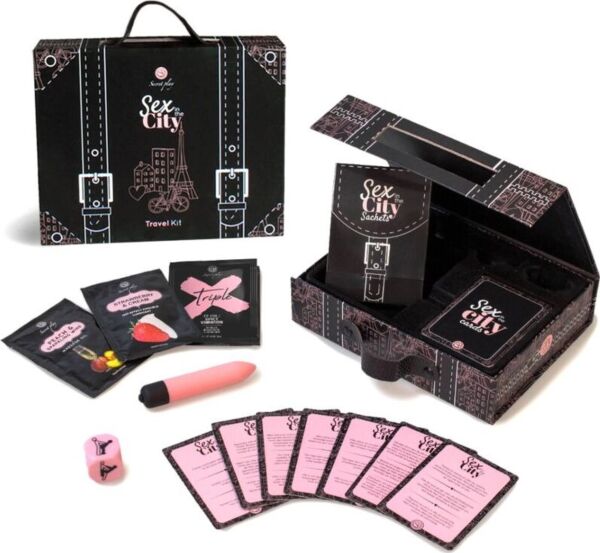 Secret Play Sex in the City adult card game with its cards, bullet vibrator, Kama Sutra dice and single-use sachets