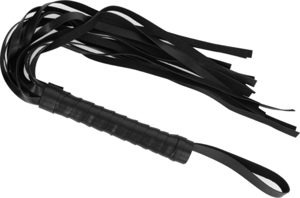 Intense Fetish vegan leather flogger, with its handle and tails