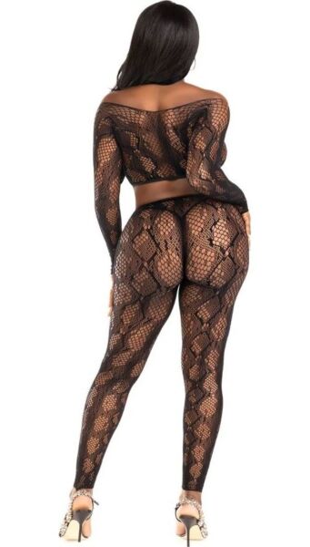 Leg Avenue Cold Blooded 89373 crop top and footless tights set with a long-sleeved top, in black mesh with a snakeskin print