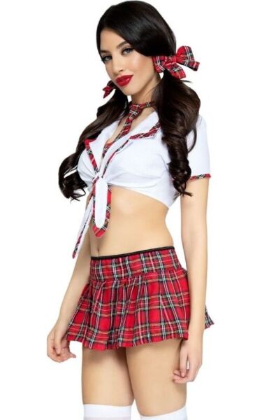 Leg Avenue Miss Prep School schoolgirl costume in red and white, with crop top, pleated check skirt, tie and bows