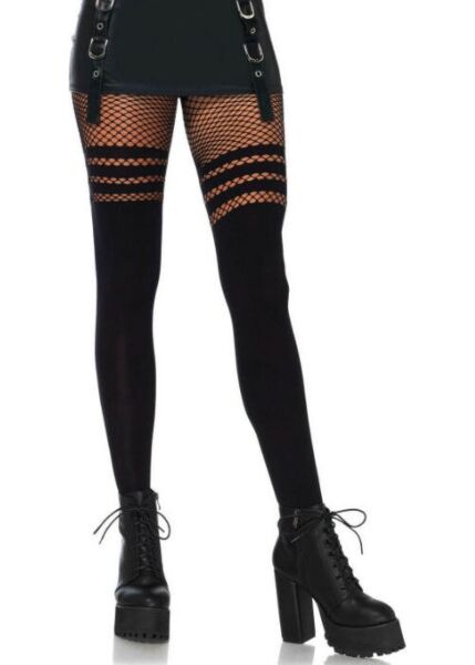 Leg Avenue Ada tights in black, opaque on the leg with a striped fishnet panel on the thigh