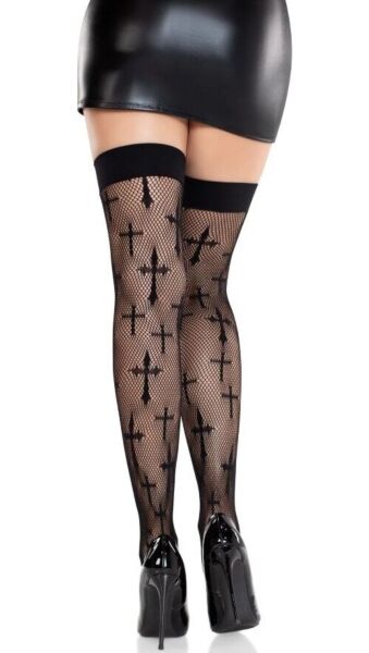 Leg Avenue Worship Me black fishnet thigh highs with a cross design