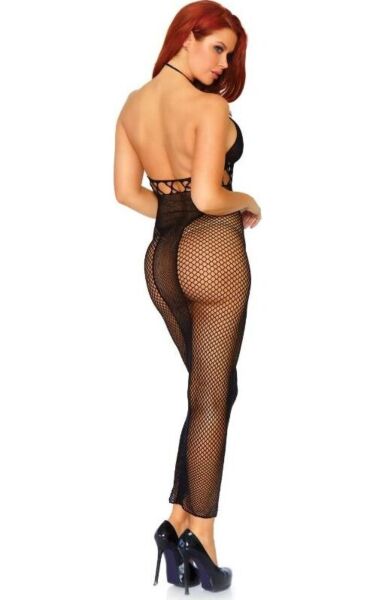 Leg Avenue Power Move long fishnet dress in black, with a halter neck and open back