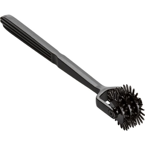 Black CalExotics Boundless Trio Pleasure Wheel, a Wartenberg wheel, showing its three pin wheels