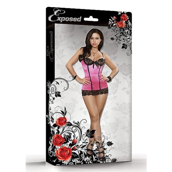 Exposed Sequin Lace Chemise Pink S/M, pink mini dress with black bra and pink bow