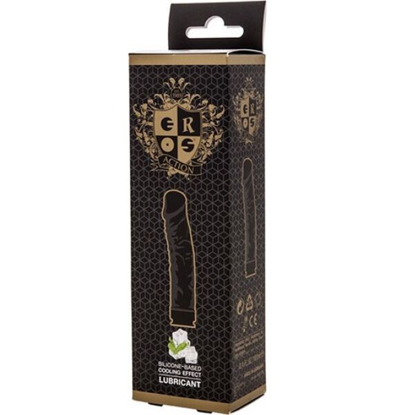 Eros Action Cooling Effect 100 ml lubricant in its black bottle shaped like a realistic dildo