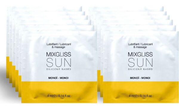 Box of 12 single doses of Mixgliss Sun Monoi silicone lubricant