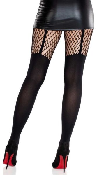 Black Leg Avenue Jett Garter Illusion tights, opaque with a fishnet band on the thigh that mimics a garter